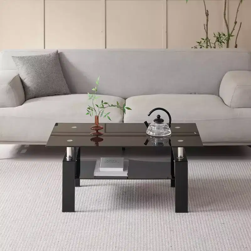 Tempered Black Glass Coffee Table, 2-Tier Modern Center Table for Living Room