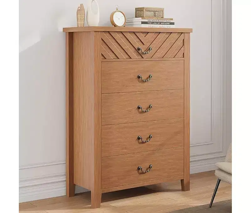5 Drawer Dresser for Bedroom, Brown 5 Chest of Drawers Nightstand with Elegant V Shape Design, Wooden Dresser Organizer for Living Room, Nursery