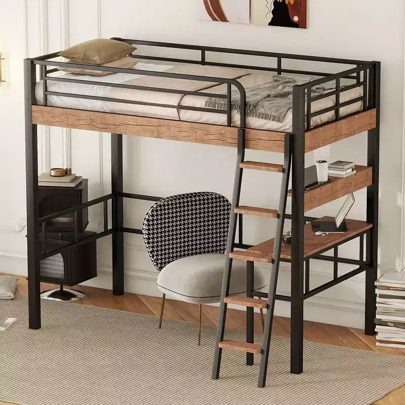 Twin Loft Bed with Desk, Ladder & Bookshelves, Heavy Duty Metal High Loft Bed Frame, Space Saving Design, Black