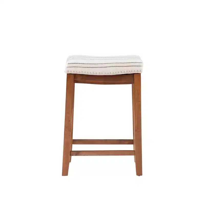 Counter Height Barstool Rustic Brown Natural Linen Upholstered Backless