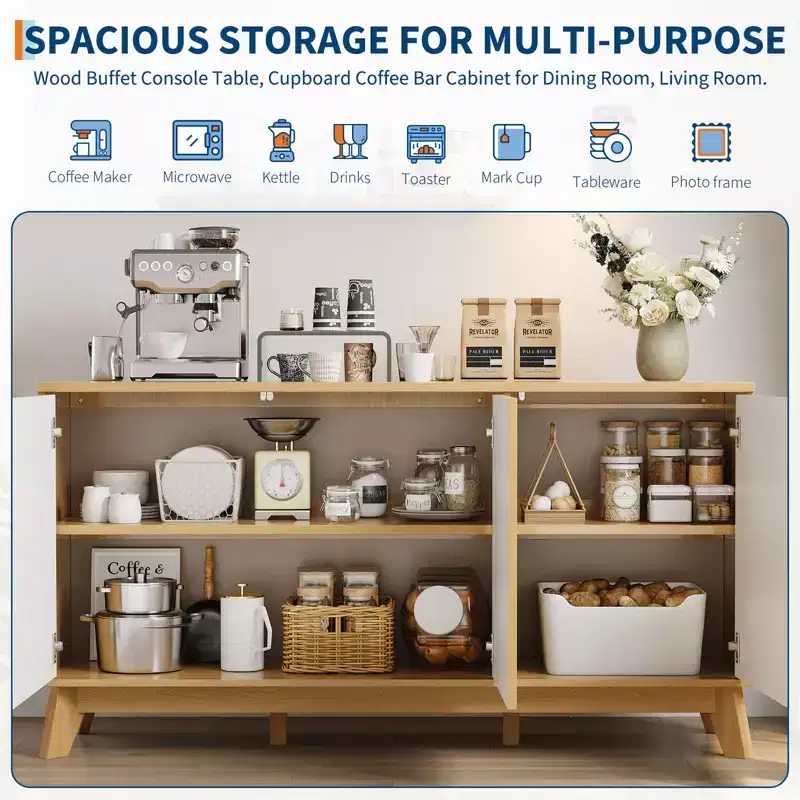 Modern Farmhouse Fluted Sideboard Buffet Cabinet  58 Wooden Credenza with 3 Doors, Adjustable Shelves