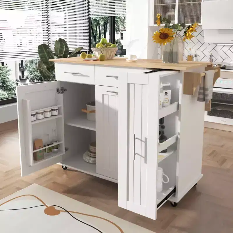 White Kitchen Island with Drop Leaf, 3-Tier Pull-Out Organizer, 2 Drawers & Towel Rack