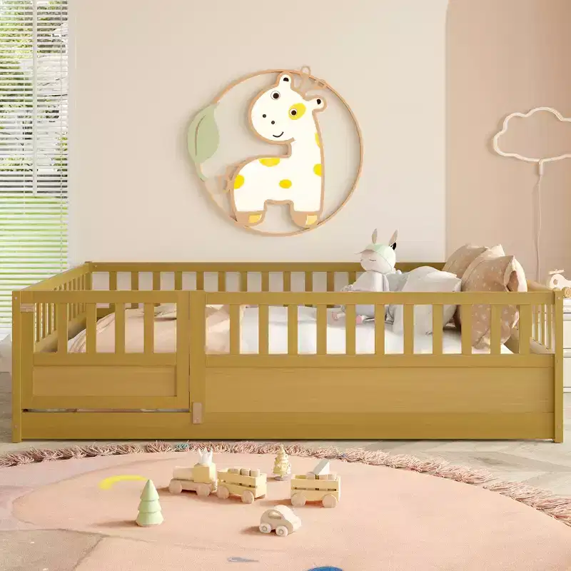 Children's Drop-Side Crib Frame, Full-Size One-Piece Construction with Extra-High Safety Rails and Door, Natural Wood Slatted Base