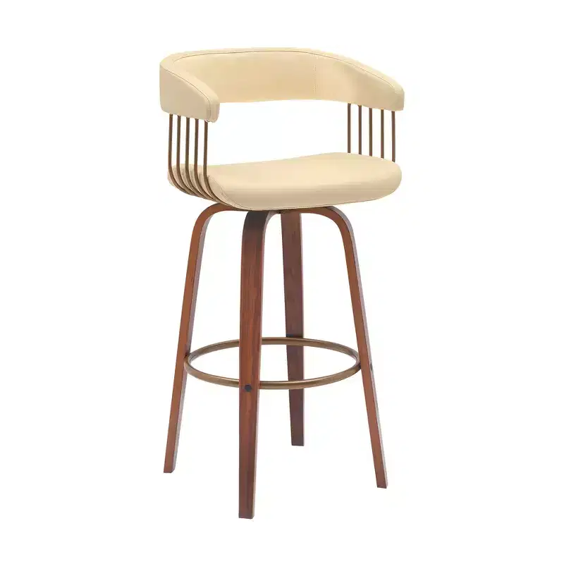HomeRoots 31 Cream And Wood Brown Faux Leather Swivel Bar Height Bar Chair