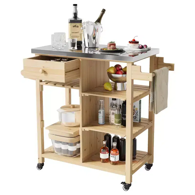 Outdoor Grill Cart for Patio, Garden  Sturdy Wood Frame, Stainless Steel Top, Storage Drawer, Open Shelves, Rolling Kitchen Island with Towel Racks