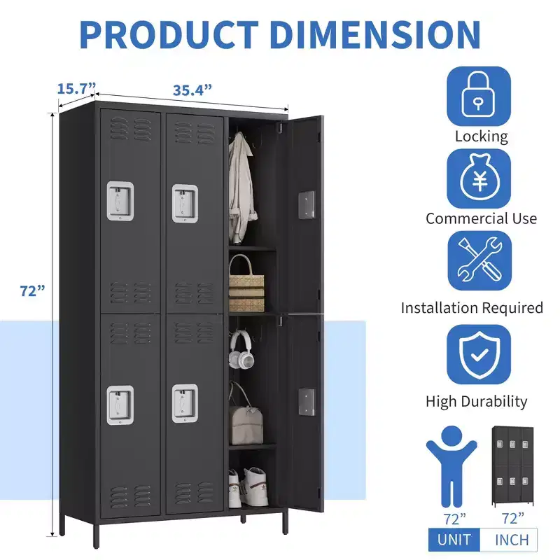 6 Doors Employee Lockers for Office, Metal Storage Locker Combination, Lockable Employee's Metal Locker with Door, Industrial Storage Lockers