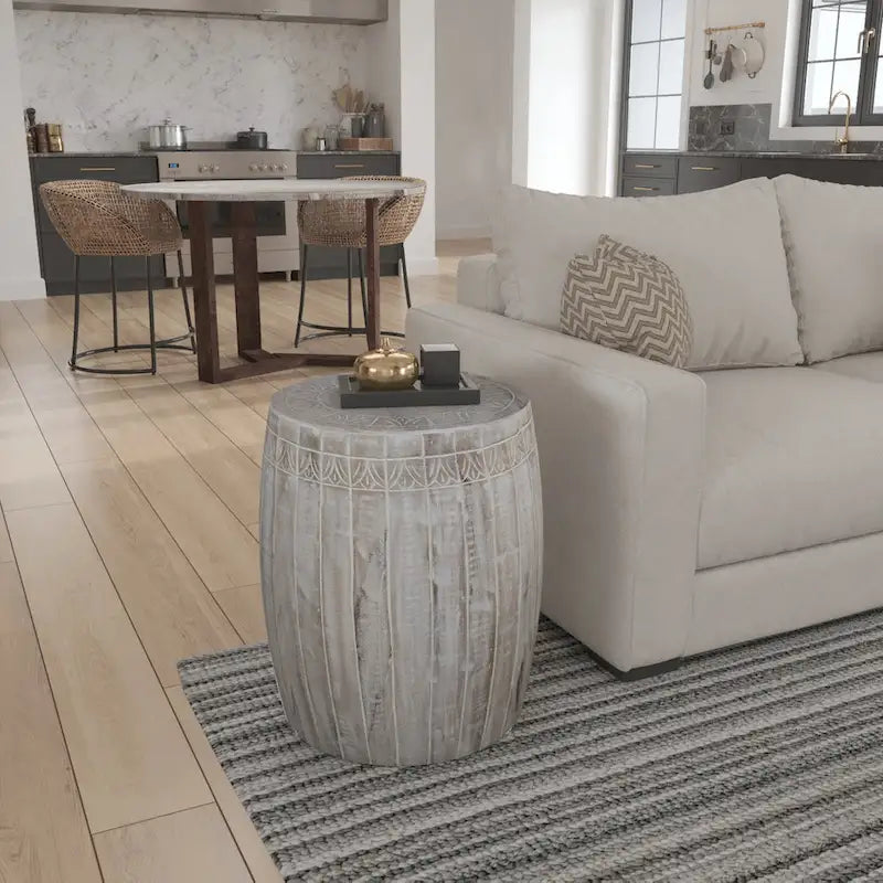 Side End Table with 16 Inch Round Top, In Antique White Mango Wood