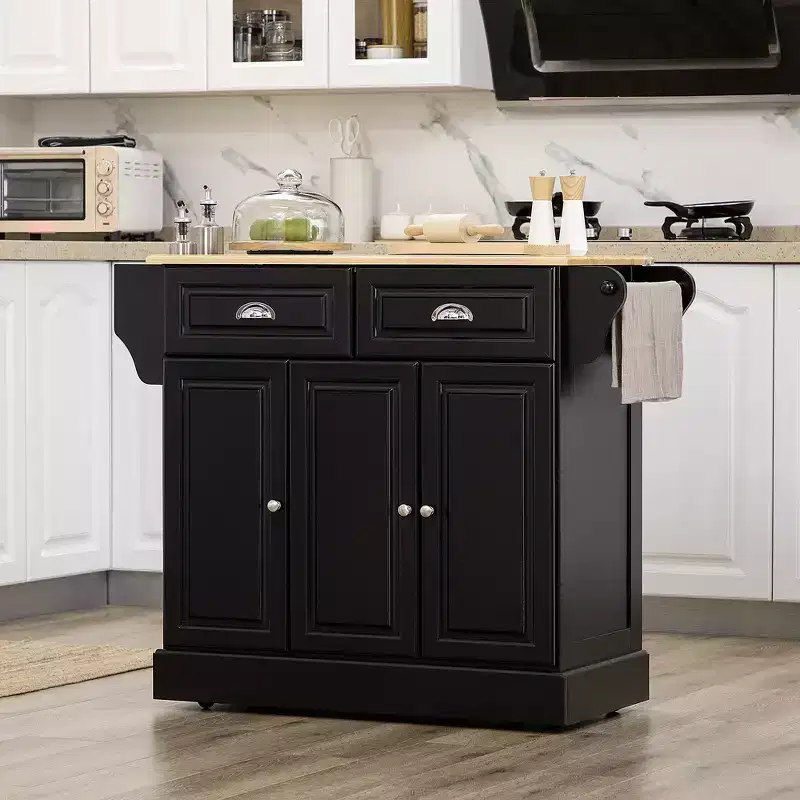 Black Wood 17.8 in. Kitchen Cart with 3 Cabinet and 2 Drawers