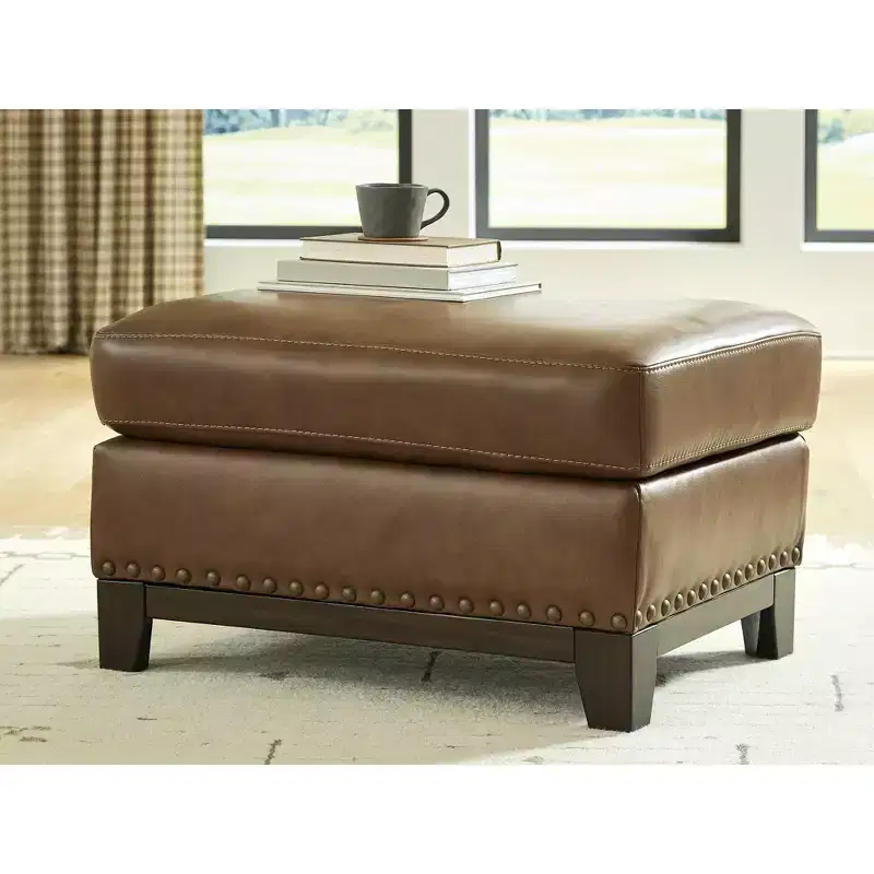 Amber Ottoman, Top Grain Leather Cushion with Nailhead Trim