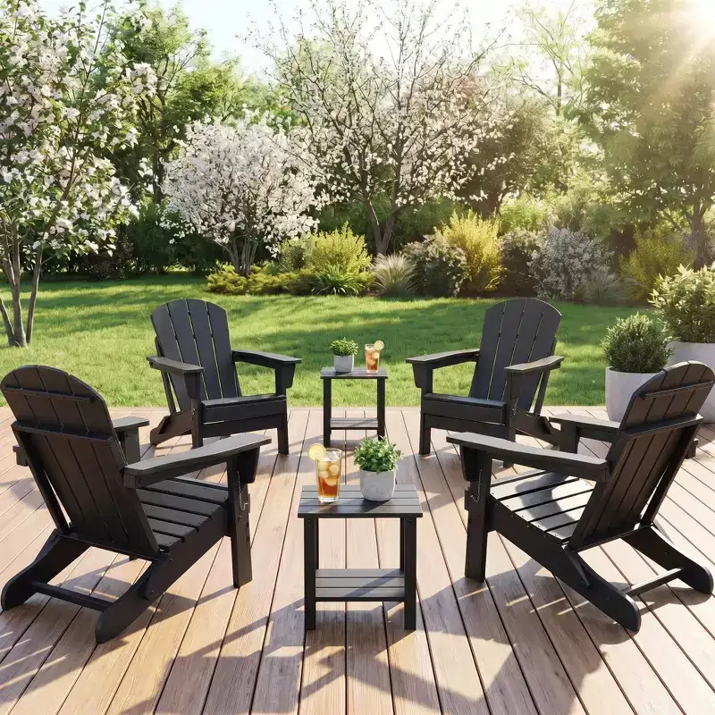 Folding Adirondack Chairs Set of 4 with 2 Side Tables, Modern Outdoor HDPE Chairs for Patio, Deck Balcony Backyard Lawn