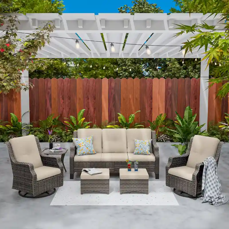 Cozywor 6-Piece Outdoor Patio Swivel Rocking Wicker Conversation Lounge Chairs with Side Table and Ottoman