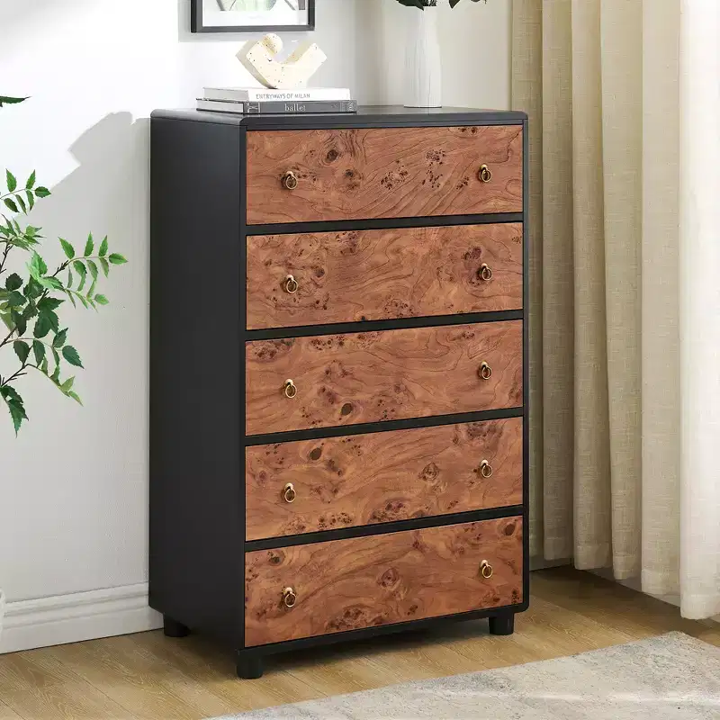 Modern 46 Tall 5-Drawer Dresser, Vertical Wood Chest with Curved Design & Vintage Round Handles, Natural Oak for Bedroom & Living Room Storage