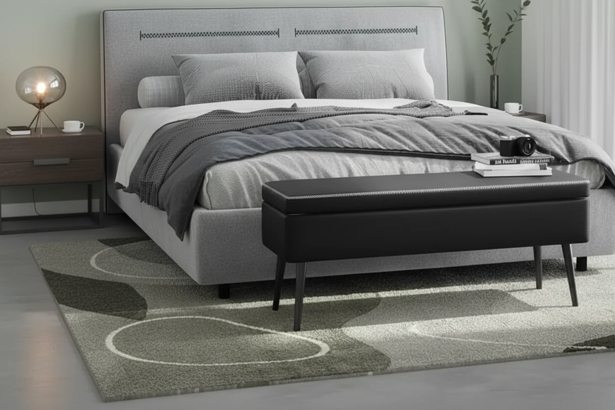 Storage Ottoman Bench with Faux Leather Upholstery, 47.8 Inch