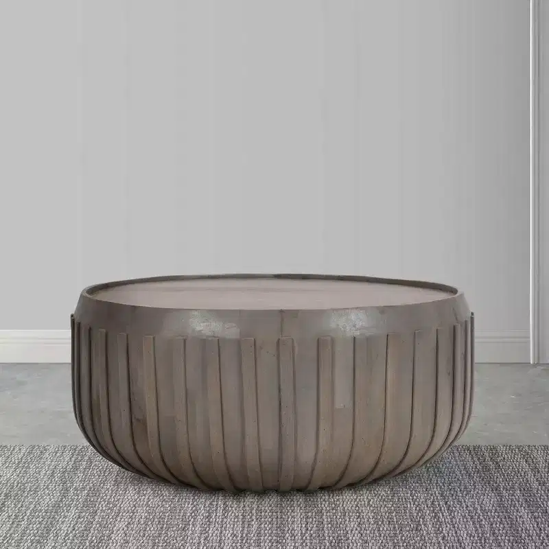 36 Inch Coffee Table, Handcrafted Drum Shape with Ribbed Edges, Mango Wood