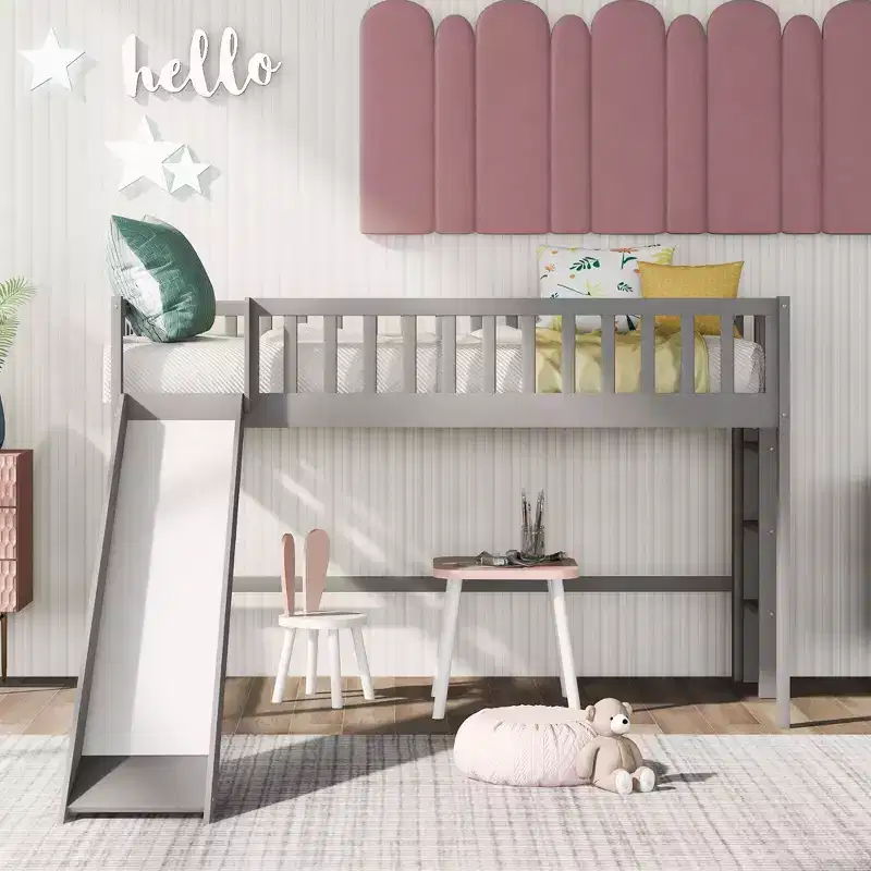 77.4IN Twin/Full Size Kids Loft Bed with Slide, Twin Bed with Safety Guardrail and Ladder, Bed Frames for Kids Room, Play Room