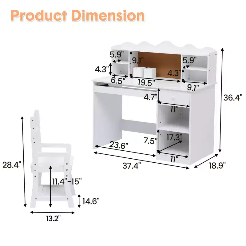 White Kids Desk, Study Desk and Chair Set with Bookshelf, Bulletin Board, and Cabinets - Ideal for Boys and Girls Ages 3-8