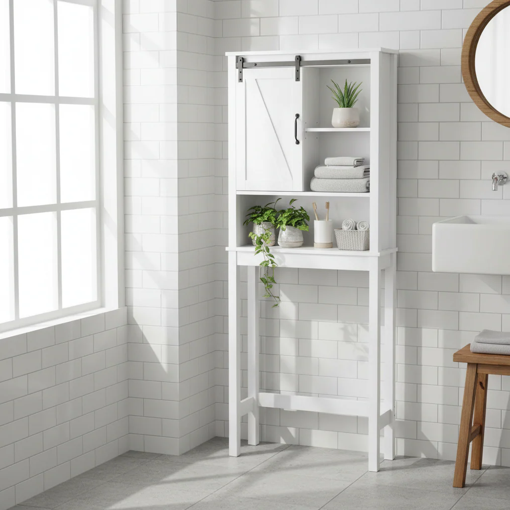 Over-Toilet Storage Cabinet with Barn Door – White, Beadboard Back, Adjustable Shelves