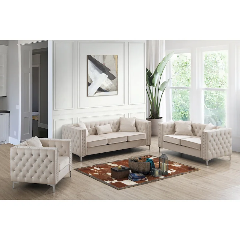 86 in. Tufted Velvet 3-Seater Sofa with 2 Throw Pillows - 86L x 34W x 30H