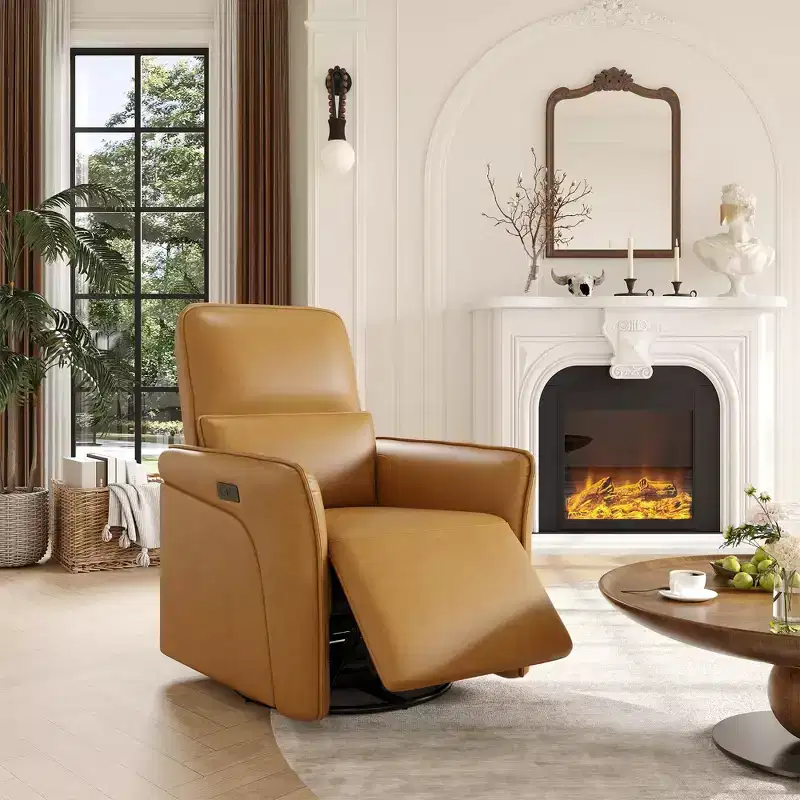 360 Swivel Recliner Chair with USB Charging Station, Leather Chair, Electric Rocker Chair with Upholstered Deep Seat, Adjustable Lumbar Support