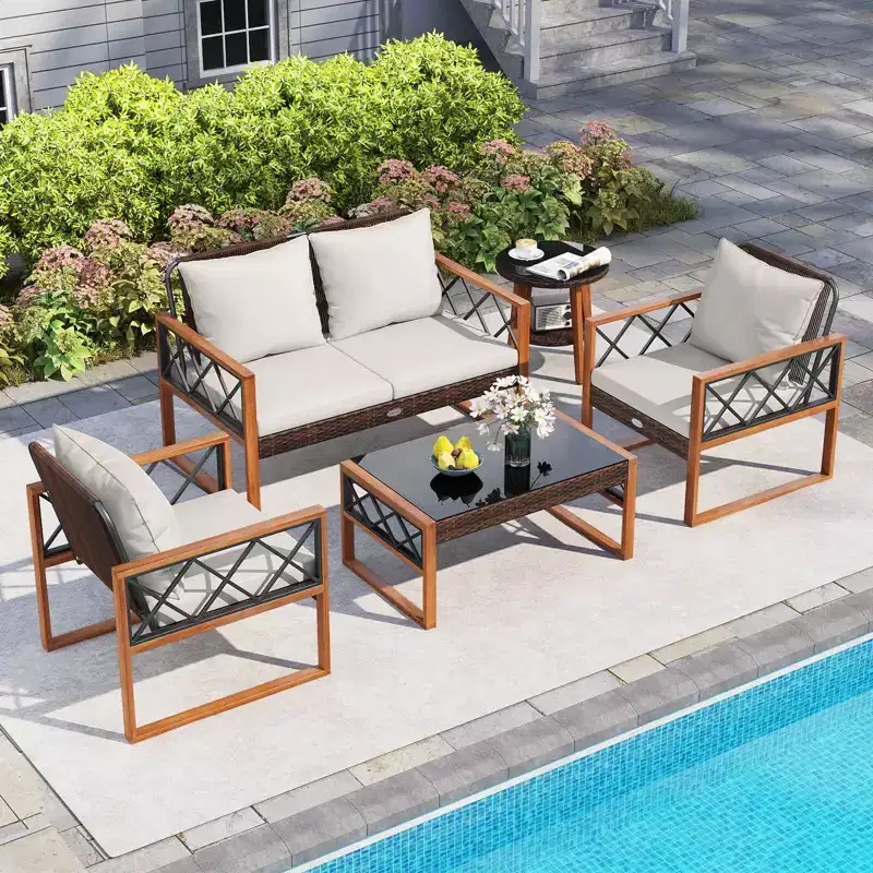 Costway 5 PCS PE Wicker Patio Furniture Set with Acacia Wood Frame Cushions for Deck Garden Mix Brown + Off-White