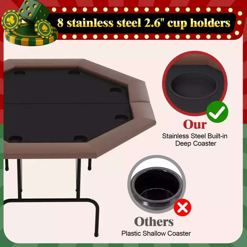 Padded Rails and Cup Holders  IdealFoldable Octagon Poker Table for 8 Players, Portable Casino Game Table with Sturdy Metal Legs, Padded Rails