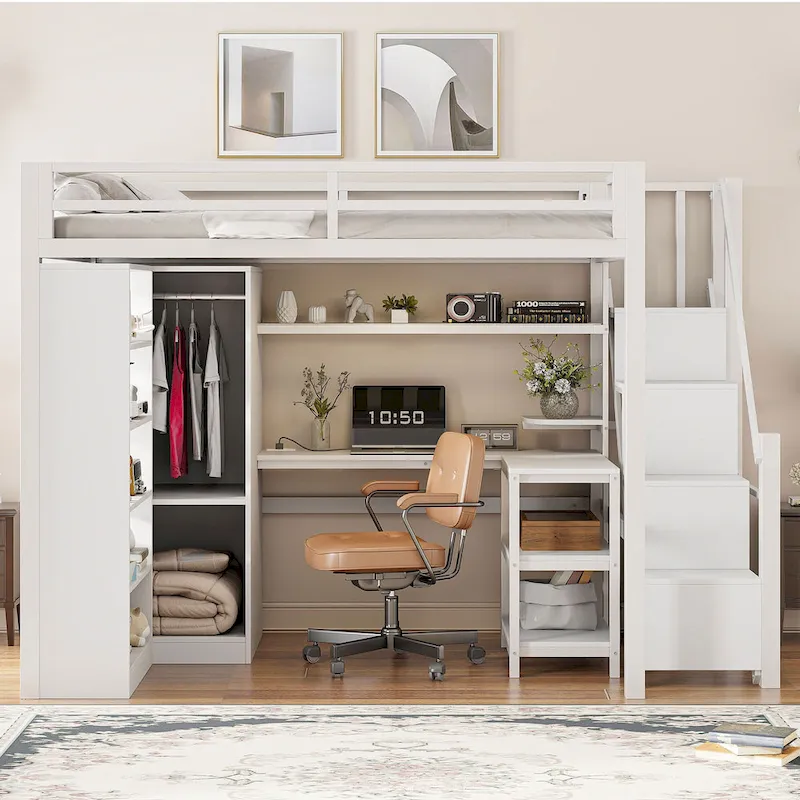 Metal Loft Bed with Desk, Wardrobe & Stepped Stairs – Twin/Full Size