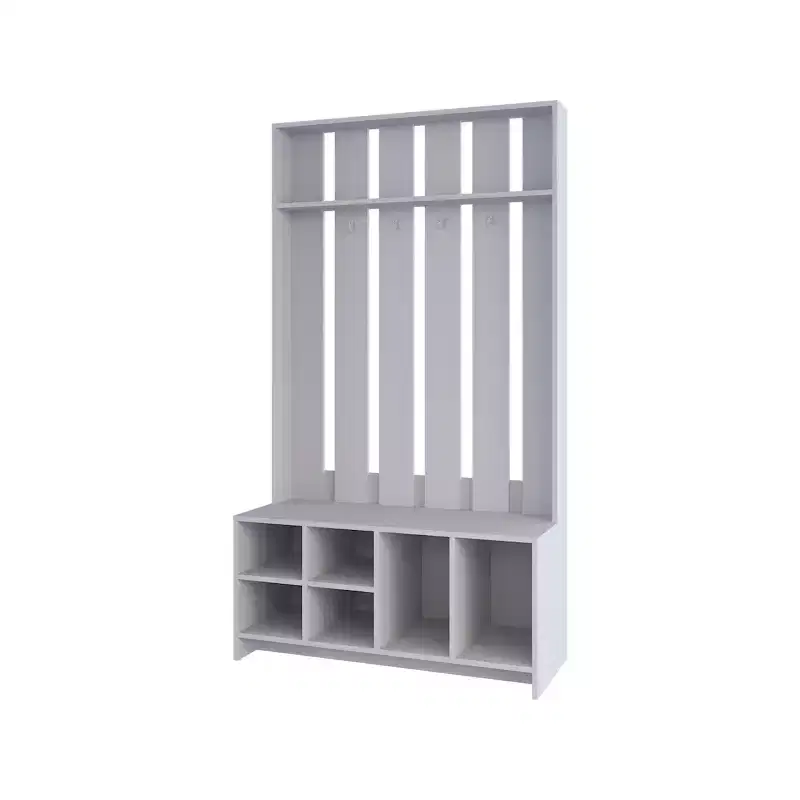 Minimalism Hall Tree with 4 Hooks, Freestanding Coat Rack with Shoe Storage Bench and Top Shelves, Storage Rack for Living Room, Hallway, Smoke