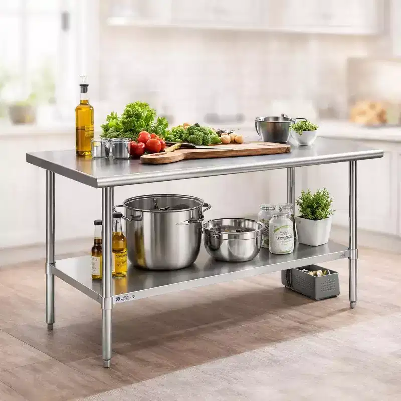 Heavy-Duty 60x30 Stainless Steel Work Table with Adjustable Shelf, NSF Certified, 520lb Capacity, Easy-Clean Surface for Commercial & Home Kitchens