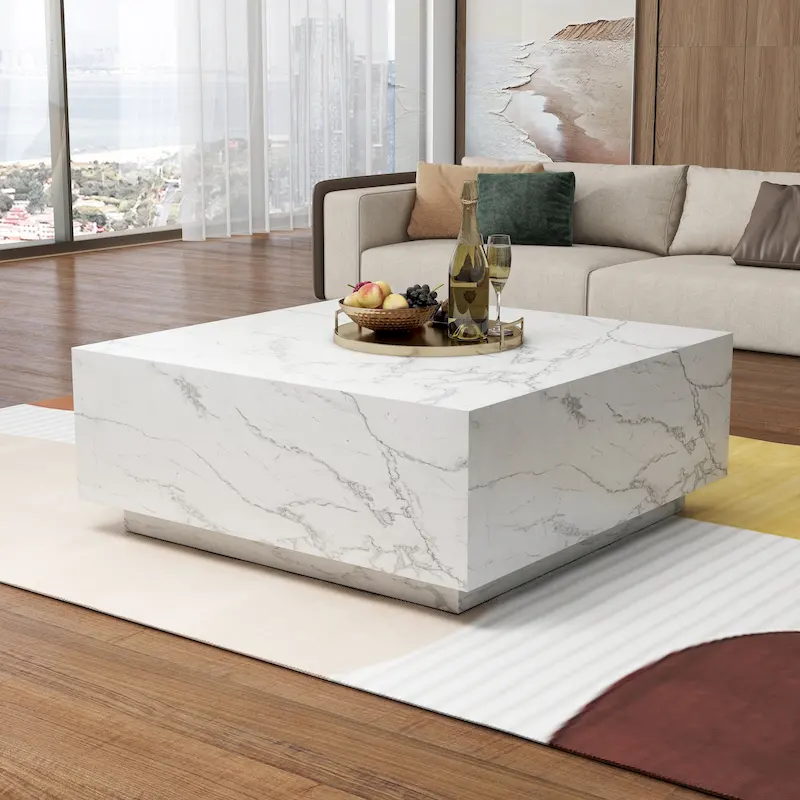 Square Faux Marble Coffee Table with MDF Frame – White / Black, 1-Unit