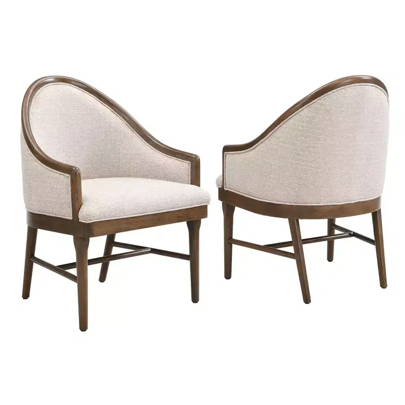 Set of 2 Mid-Century Modern Dining Chairs, Twill Upholstered Curved Armchairs with Solid Rubberwood Frame, Beige Accent Kitchen Chairs