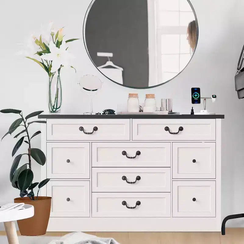 Farmhouse 9 Drawer Dresser with Charging Station, 55 Wide Wood Dresser, Vintage Dressers TV Stand