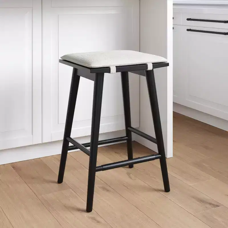 Barker Wood and Boucle Counter Height Barstool Black: Linen Upholstered, 24.8