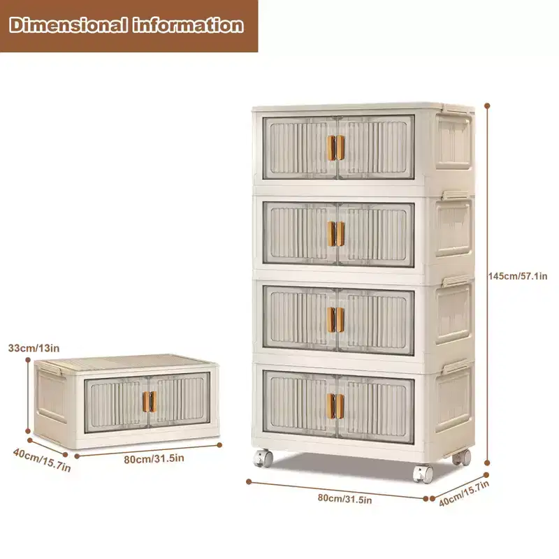 4 Tier Stackable Plastic Storage Bins, 84QT x 4 Foldable Storage Bins with Wheels Closet Organizers and Storage Double Door