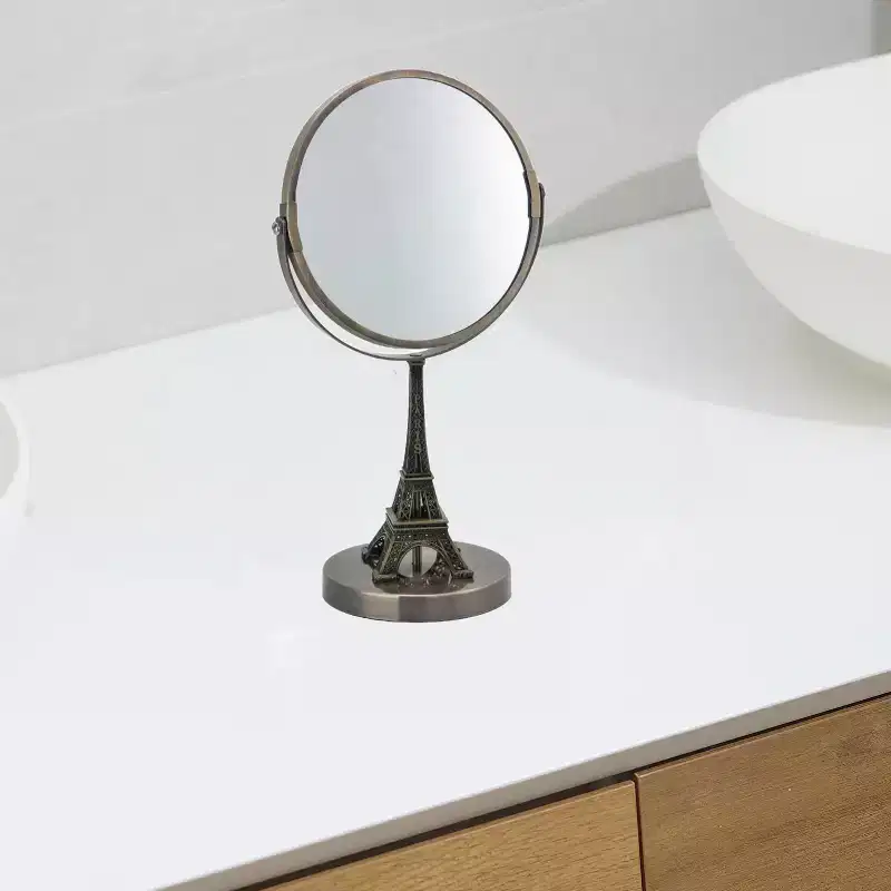 Eiffel Tower Embroidered Vanity Mirror - Rustic Brushed Gold, Double-Sided Standard & 3X Magnification, Parisian Style