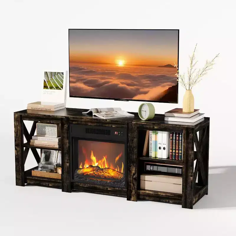 Farmhouse Fireplace TV Stand for up to 70 inch TVs, Entertainment Center with Electric Fireplace Heater & Adjustable Shelves