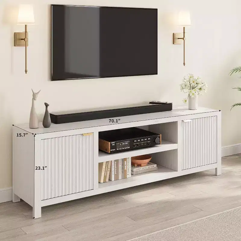 White Fluted TV Console - Modern 80 Media Stand with Gold Handles & Storage for Living Room