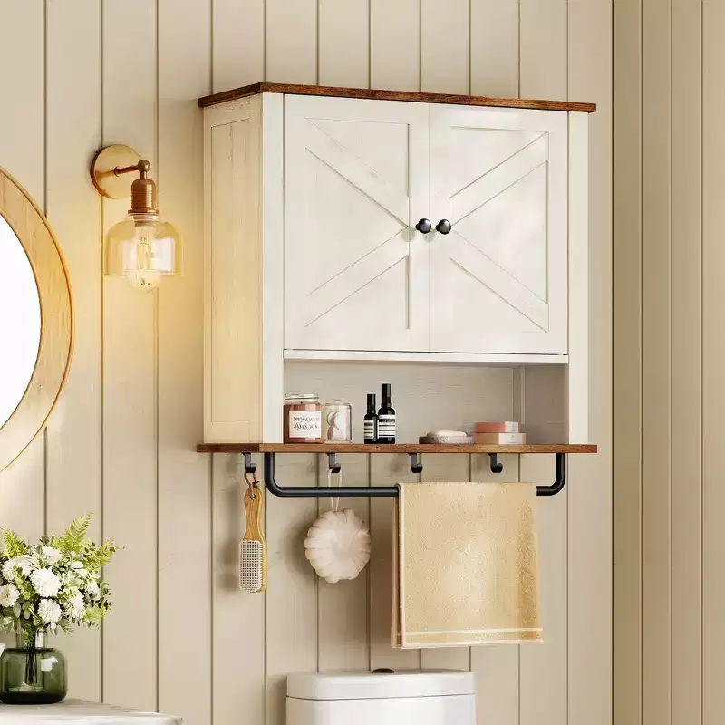 Farmhouse Wall-Mounted Medicine Cabinet with 2 Barn Doors, Adjustable Shelf, Towel Bar & Hooks, 7.9 x 23.6 x 28.7, Rustic White