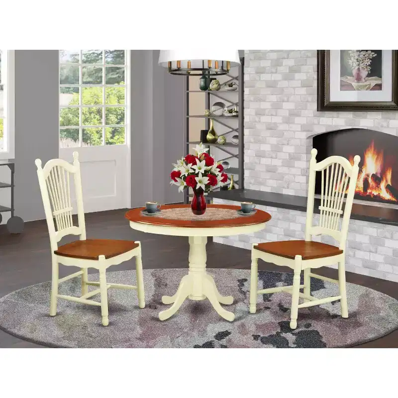 HomeStock 3-Pc Buttermilk and Cherry Solid Wood Top - Round Dining Room Set - Seats 4