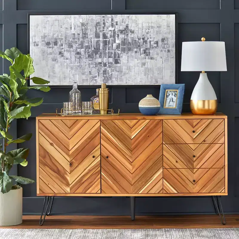 2 Doors 3 Drawers Alexandria Mid Century Modern Chevron Buffet Oak: Mid-century Server, Hairpin Legs, Storage