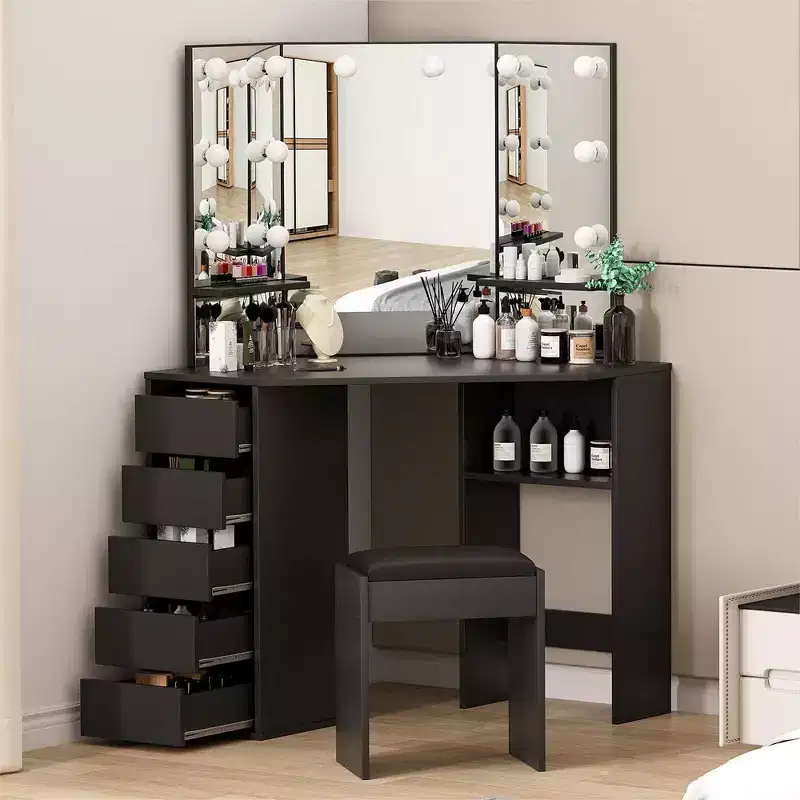 Vanity Desk with Mirror and Lights, Corner Makeup Vanity Desk, Large Dressing Tables with Charging