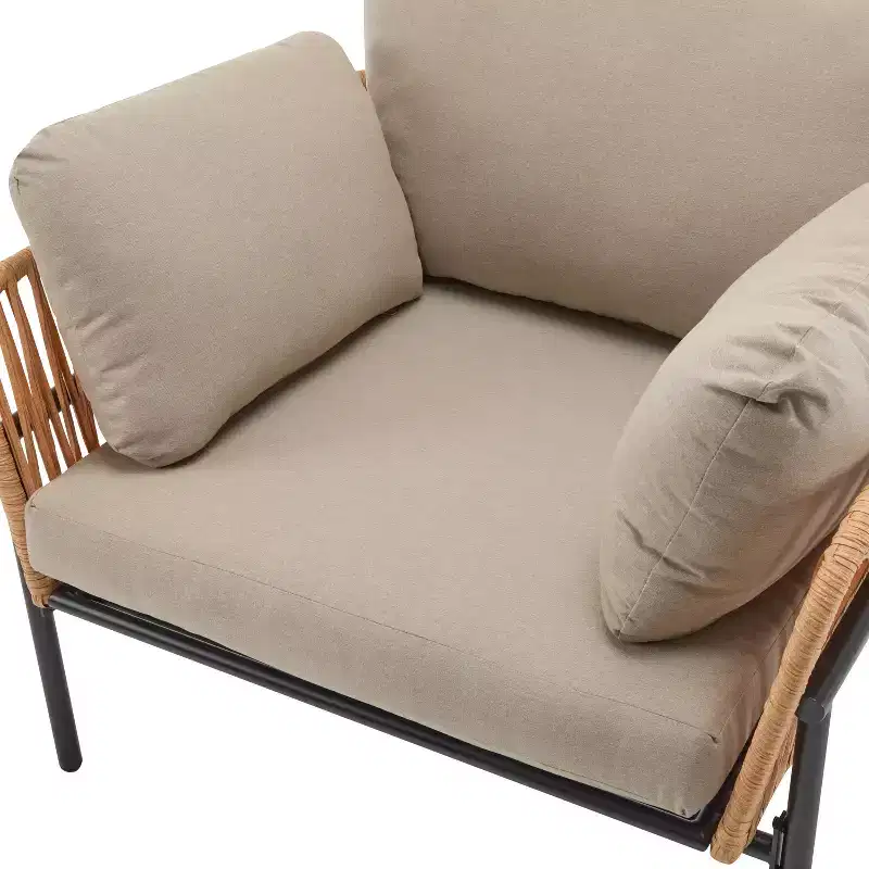 36W Patio Accent Chair Lounge Chair Arm Chair with Cushions, Pillows and Stylish Rope-Weave Design, Iron, Beige+Grey/Natural-ModernLuxe