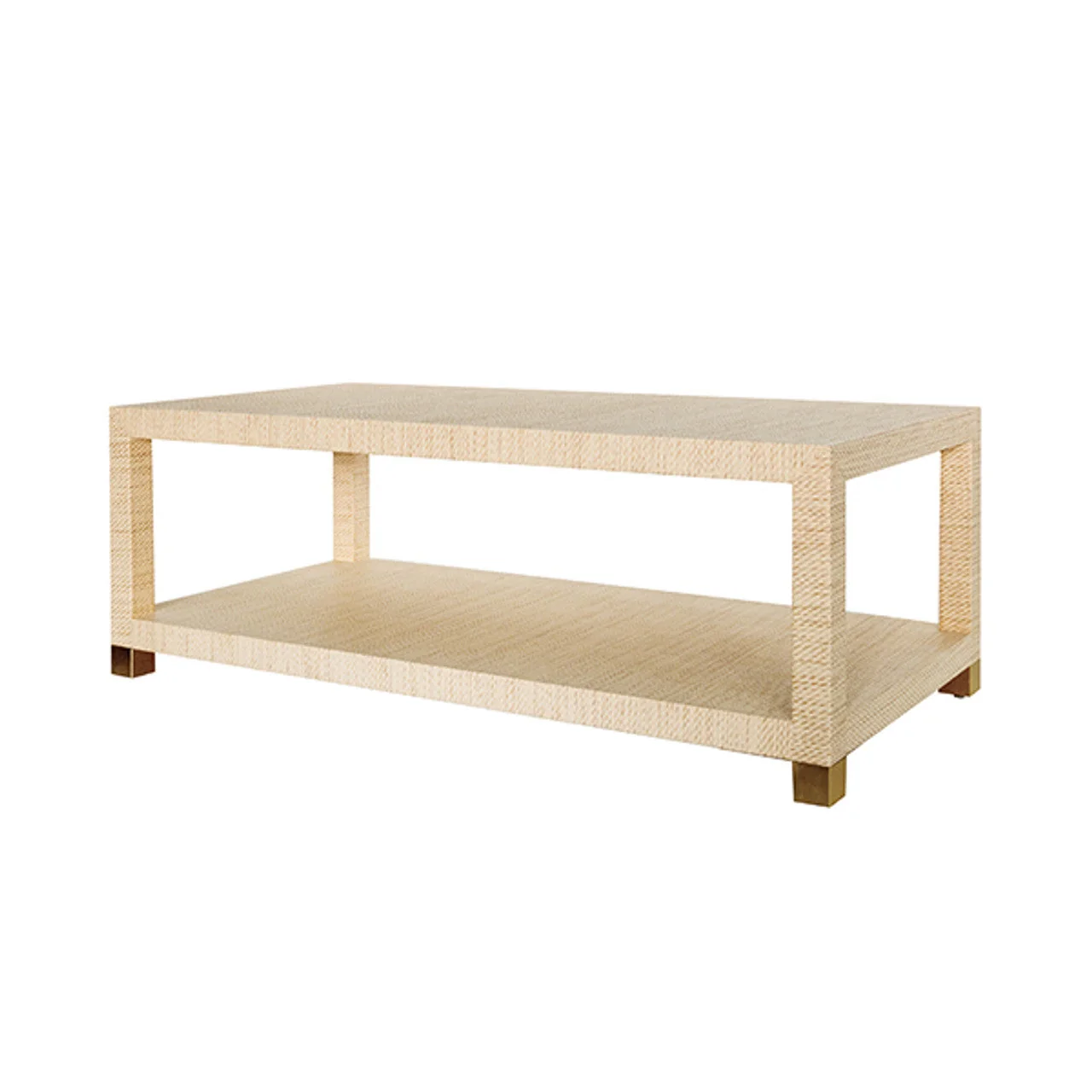 Transitional Grasscloth & Metal Coffee Table with Antique Brass Foot Caps for Living Room