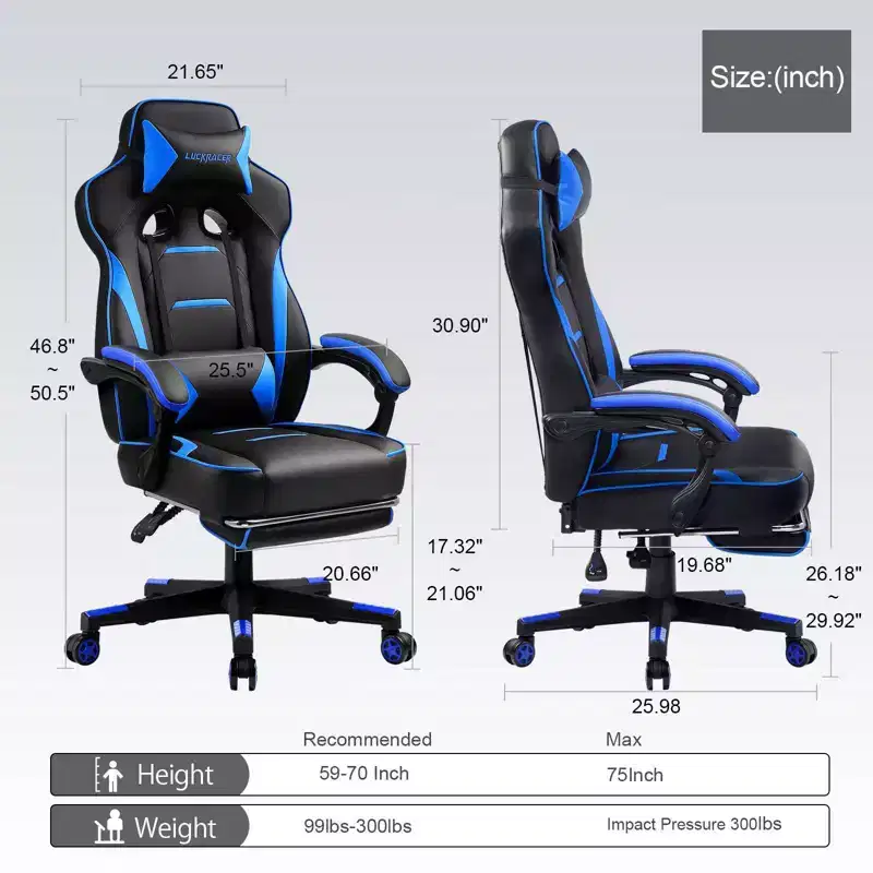 LUCKRACER Gaming Chair with Footrest High Back Computer Desk Chair Office Chair Blue