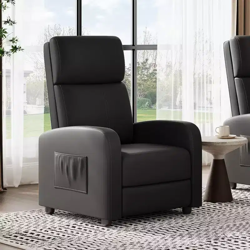 PU Leather Recliner Chair, Lazy Recliner Ergonomic Adjustable Single Sofa Enhanced with Side Pocket, Tall Back & Padded Seat for Living Room