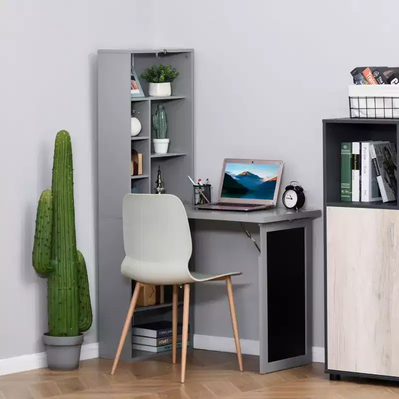Foldable Wall-Mounted Home Office Desk with Blackboard & Storage Shelves