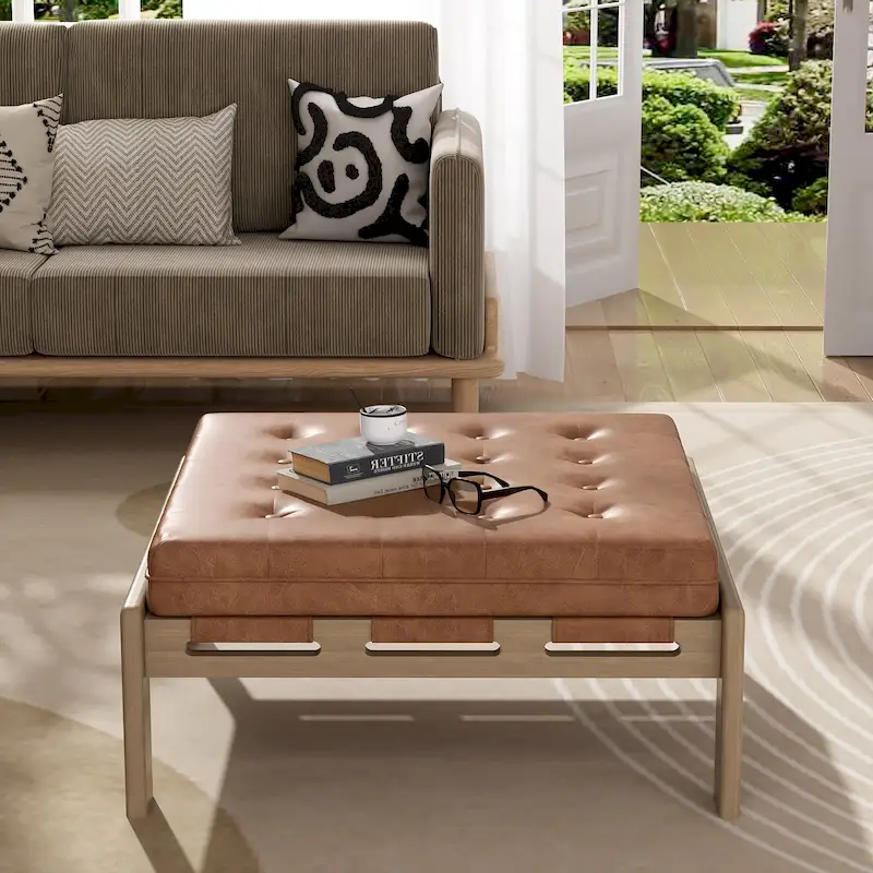Christopher Knight Home - 34 Tufted Upholstered Cocktail Ottoman, Square Leather Ottoman Coffee Table with Rubber Wood Frame