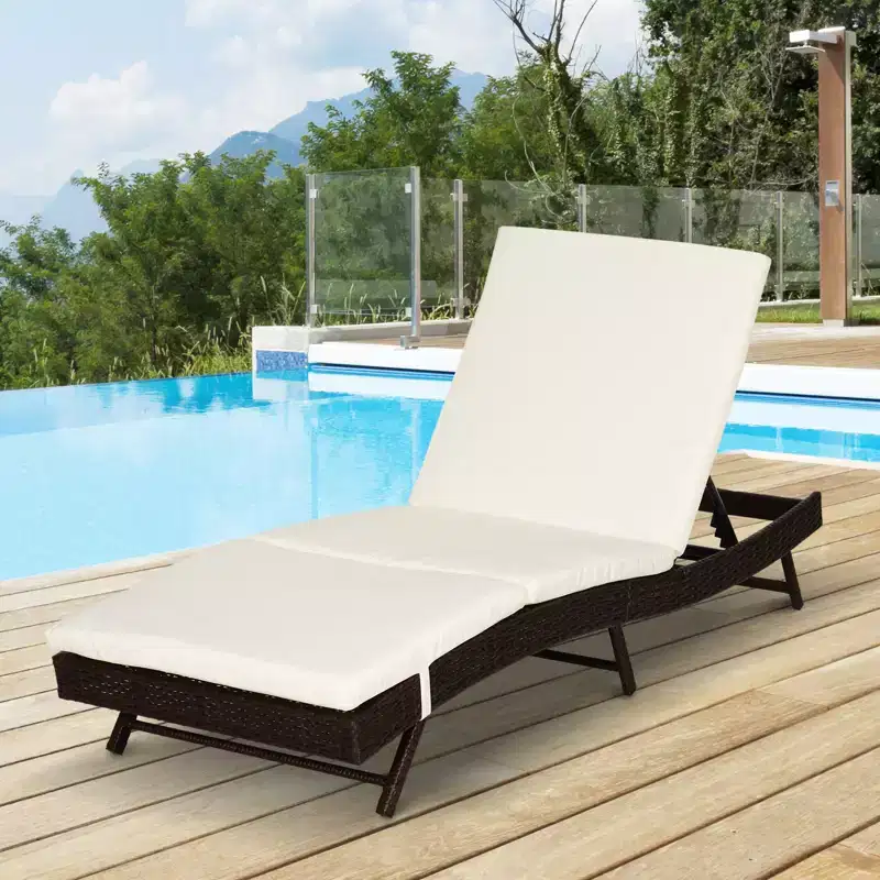 Patio Chaise Lounge, Pool Chair with 5 Position Adjustable Backrest & Cushion, Outdoor PE Rattan Wicker Sun Tanning Seat, 78.75 x 28 x 35
