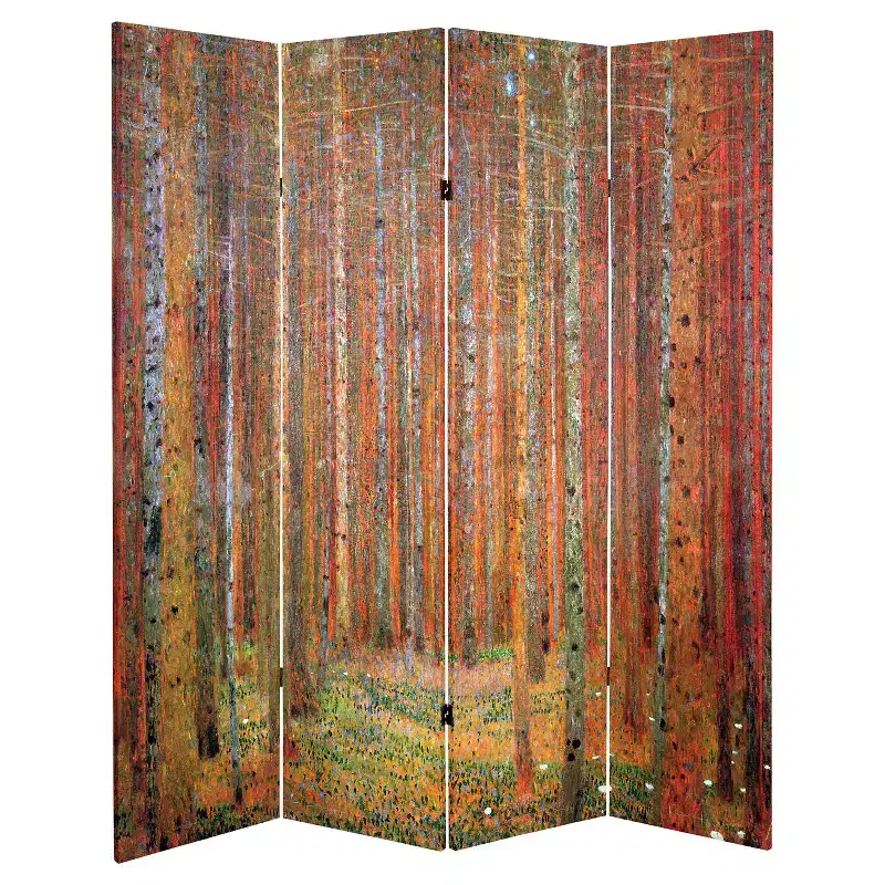 Oriental Furniture Klimt Fine Art Double Sided Room Divider Tannenwald and Farm Garden: 4-Panel, Canvas, Hardwood Frame