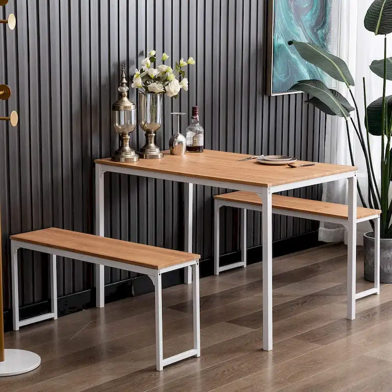 3 Piece Kitchen Table Set with Two Benches Dining Room Table Set 4