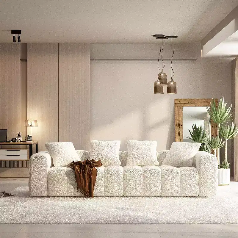 100.8W Modern 4-Seat White Teddy Velvet Sofa with Solid Wood Base